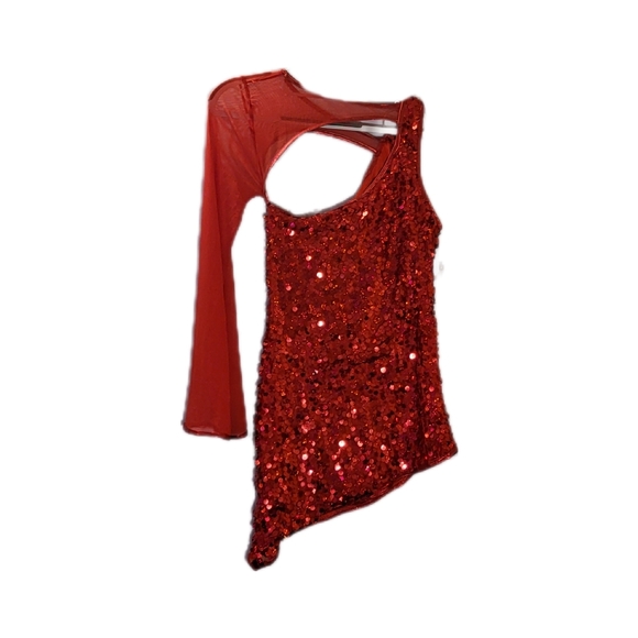 COSTUME striking red sparkly dress, one sleeve, circle connector accent, NWT - Picture 4 of 6